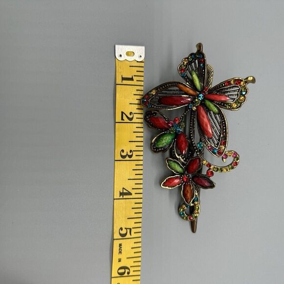 Vintage 1980s Hair Clip Gold Colored Metal Butterfly Colorful Rhinestones Beads - Picture 7 of 7